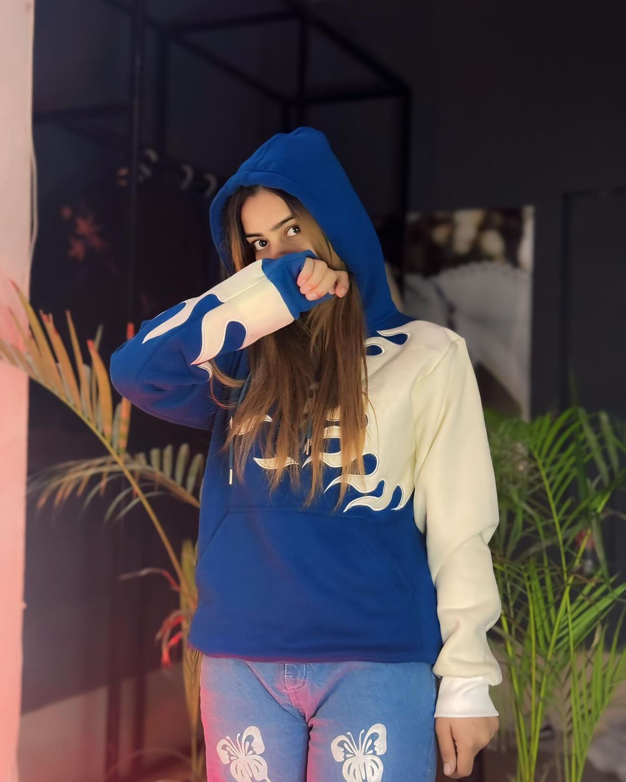 Blue and white fire premium quality hoodie